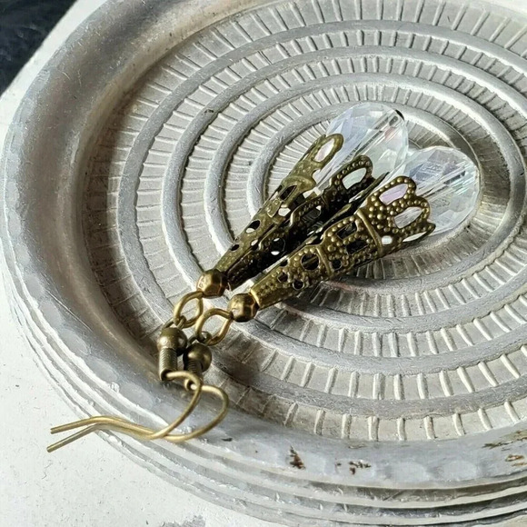 Faceted Clear Luster Crystal Antique Bronze Filigree Teardrop Earrings - Picture 4 of 9